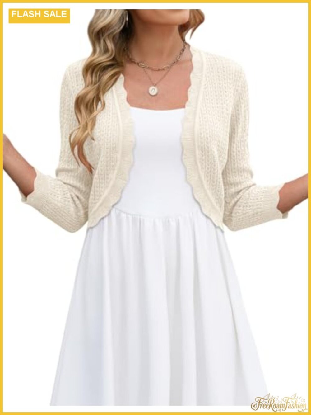 Cropped Knit Cardigan 3/4 Sleeve Open Front Bolero Shrug for Dresses